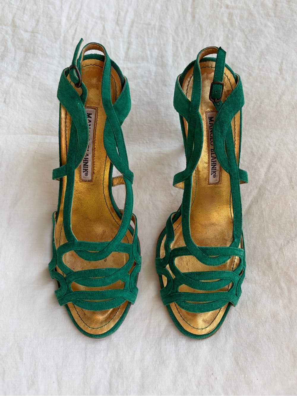 Vintage Manolo Blahnik Suede Strappy Loop Open Toe Heels Emerald Green - Picture 2 of 11